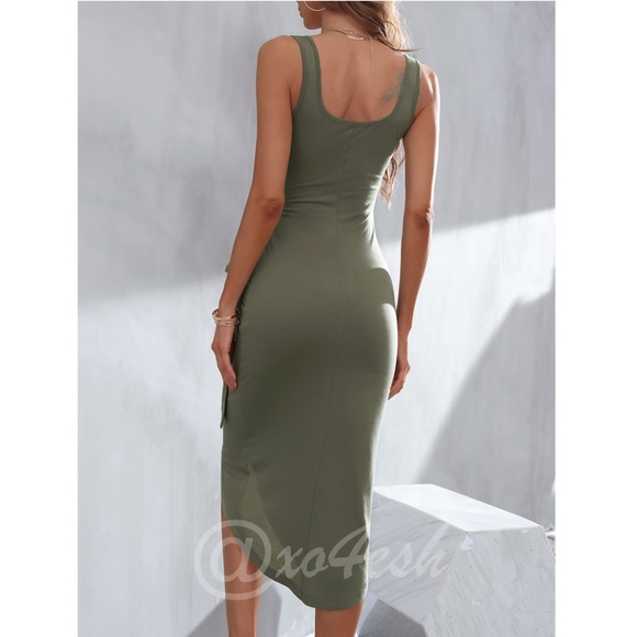 Casual Army Green Dress Tie Side Faux Wrap - Picture 3 of 8